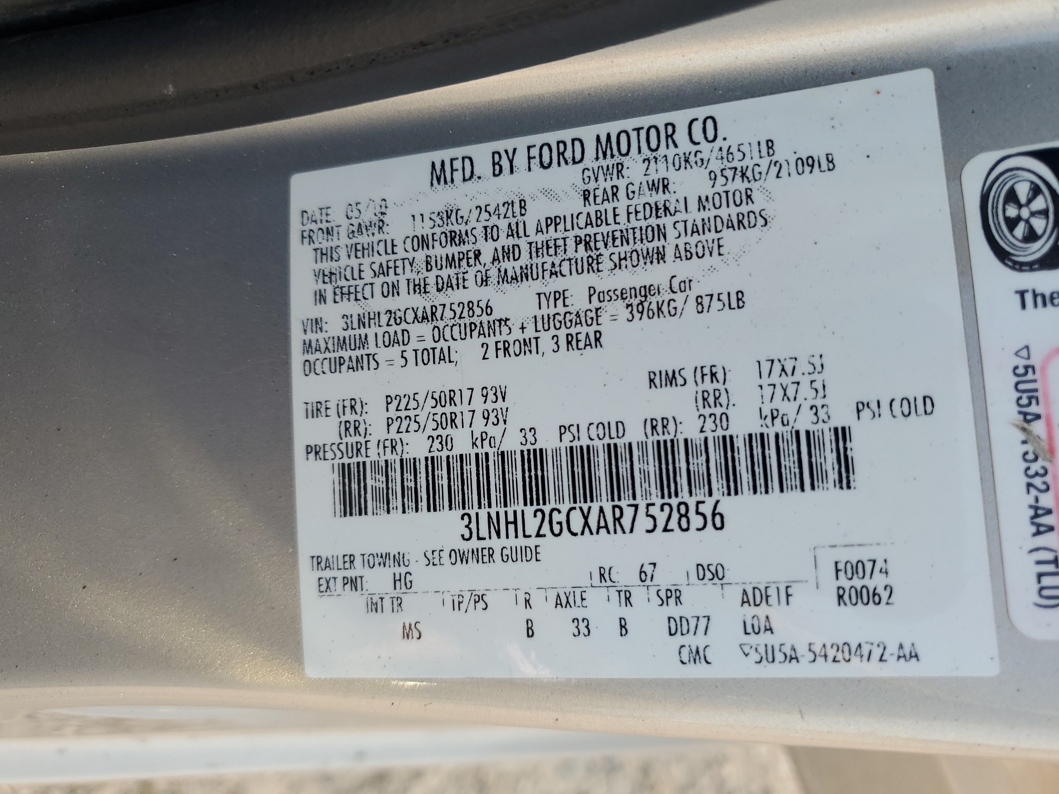 3LNHL2GCXAR752856 2010 Lincoln Mkz