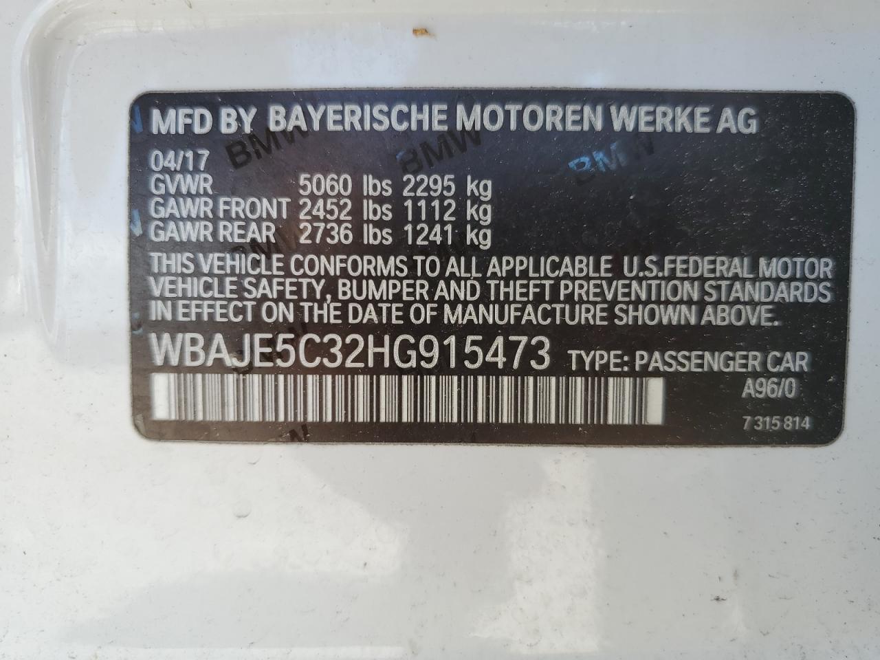 2017 BMW 540 I VIN: WBAJE5C32HG915473 Lot: 57210434