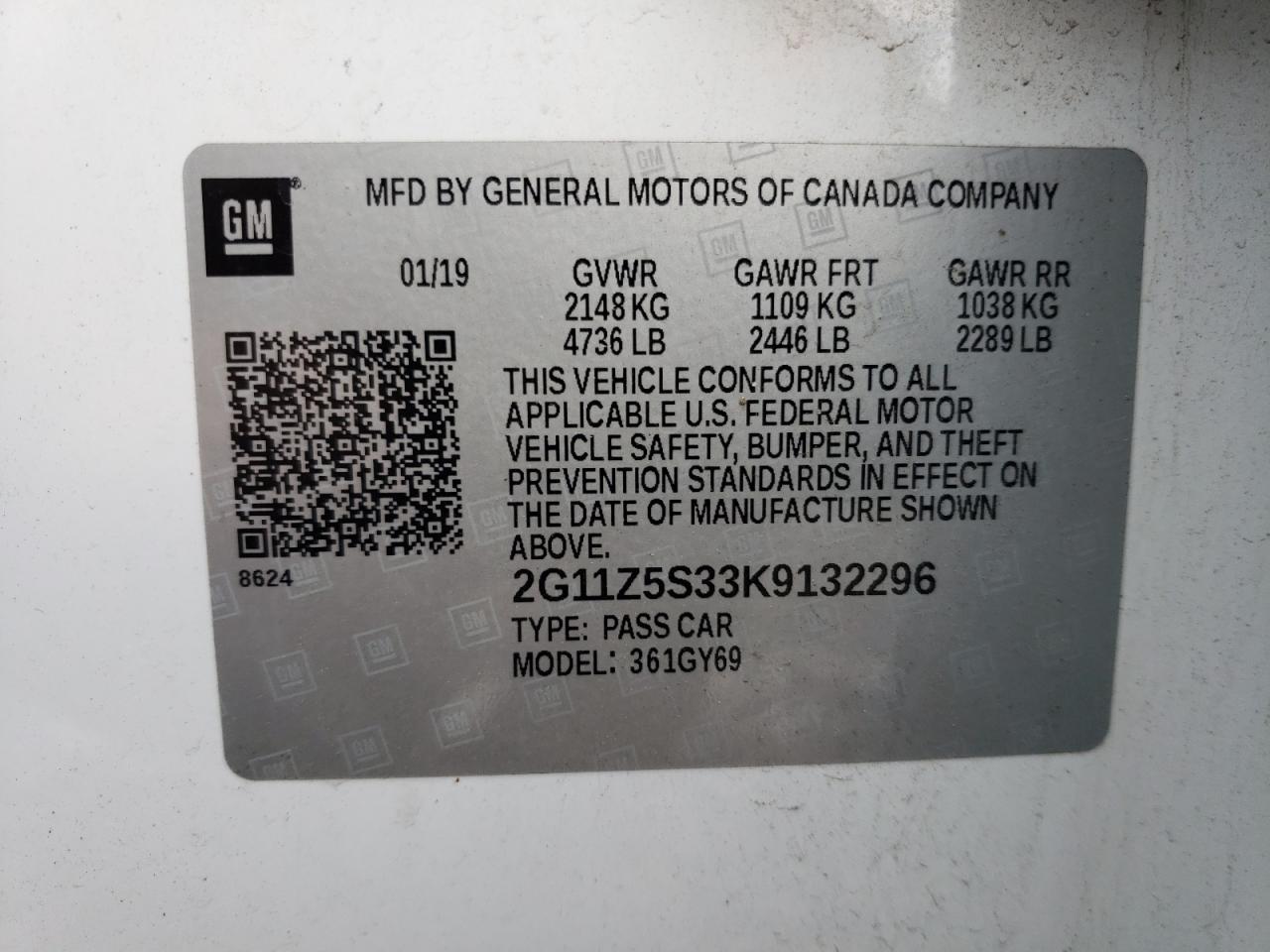 2019 Chevrolet Impala Lt VIN: 2G11Z5S33K9132296 Lot: 57913634