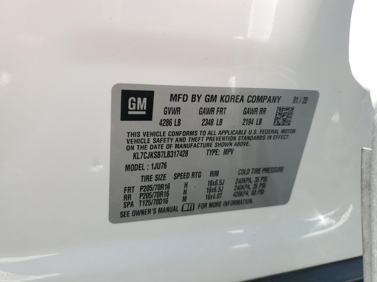 2020 Chevrolet Trax Ls VIN: KL7CJKSB7LB317428 Lot: 57575574