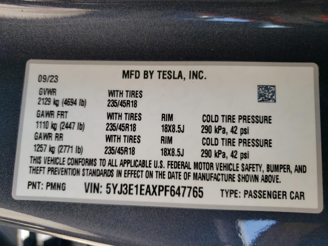 2023 Tesla Model 3 VIN: 5YJ3E1EAXPF647765 Lot: 57216174