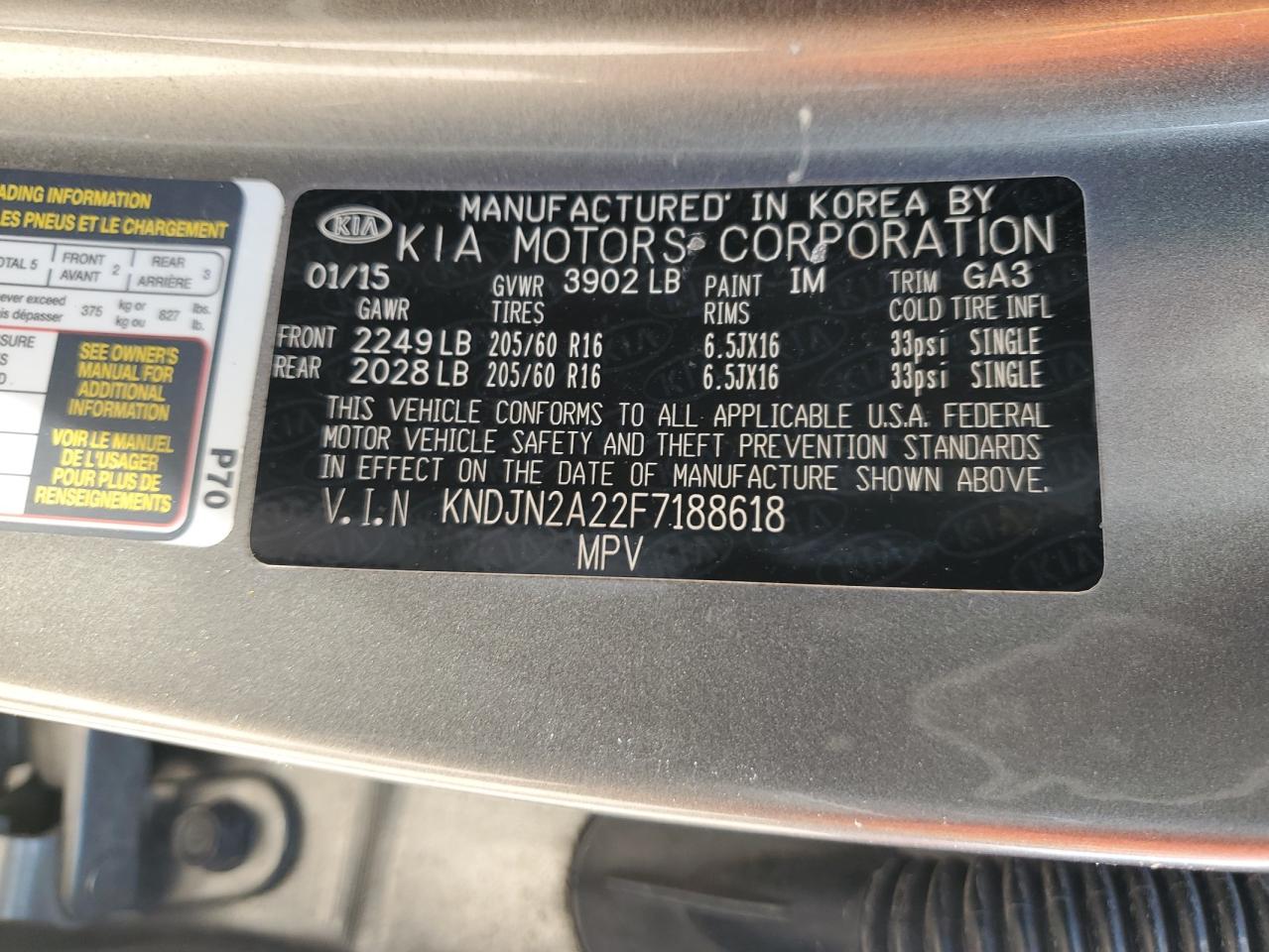 2015 Kia Soul VIN: KNDJN2A22F7188618 Lot: 57693434