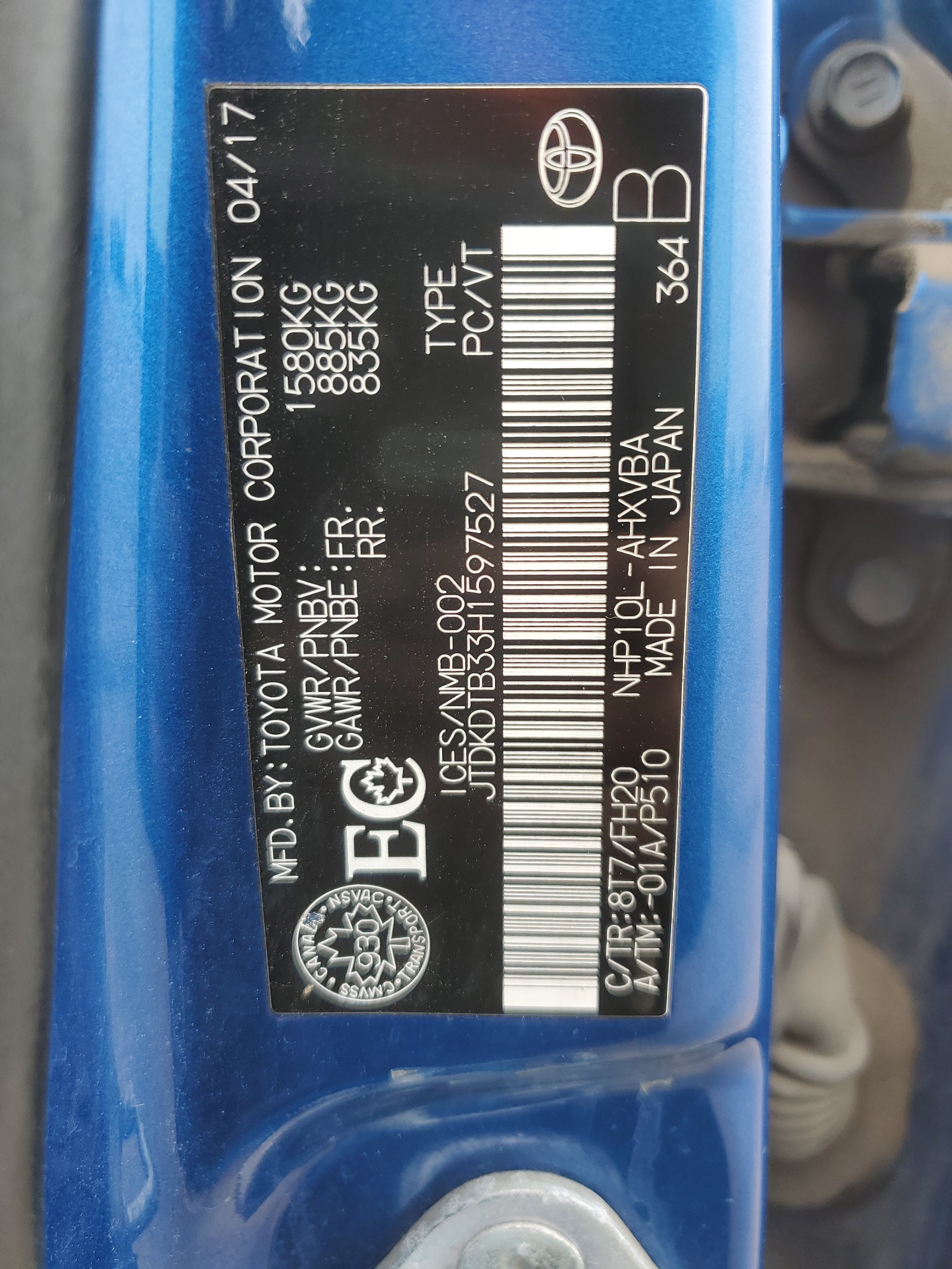 JTDKDTB33H1597527 2017 Toyota Prius C