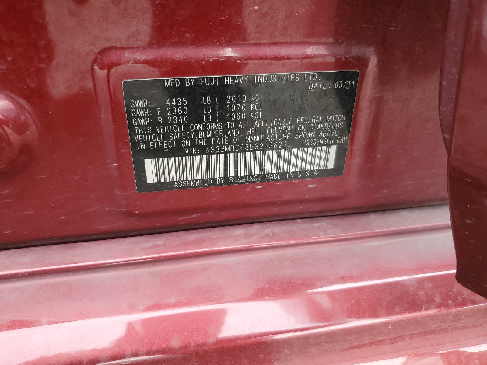 4S3BMBC68B3253822 2011 Subaru Legacy 2.5I Premium