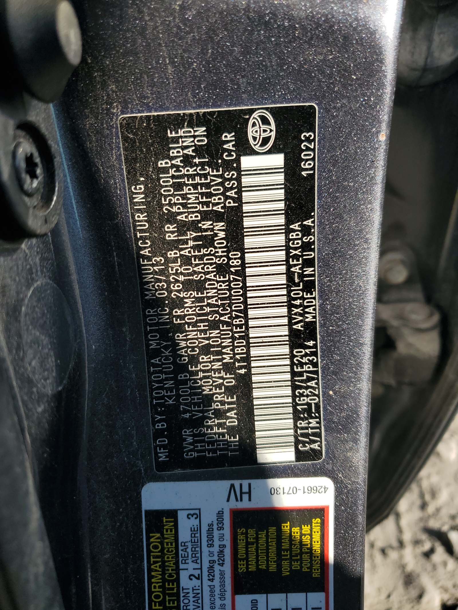 4T1BD1EB7DU007180 2013 Toyota Avalon Hybrid