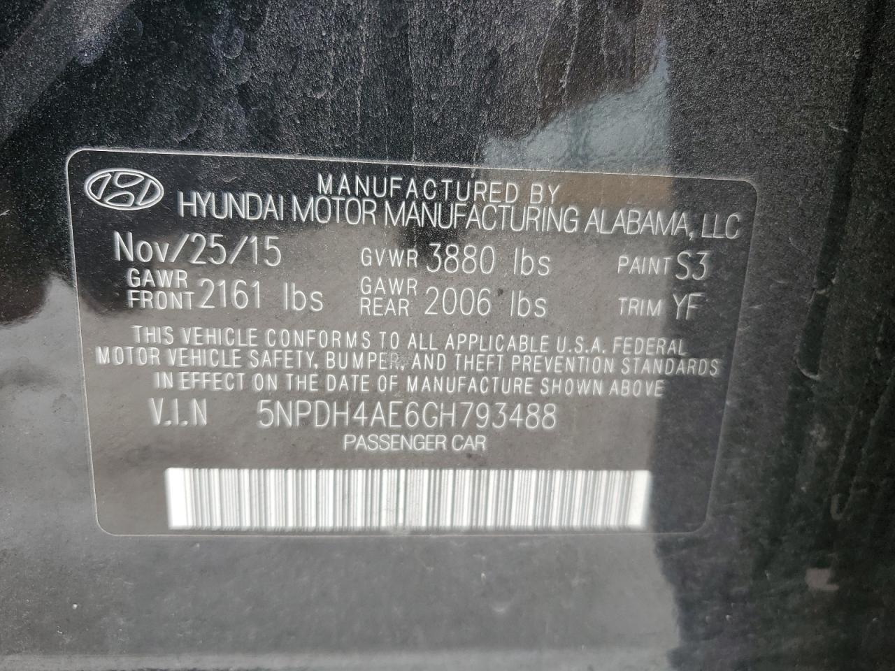 2016 Hyundai Elantra Se VIN: 5NPDH4AE6GH793488 Lot: 59229204