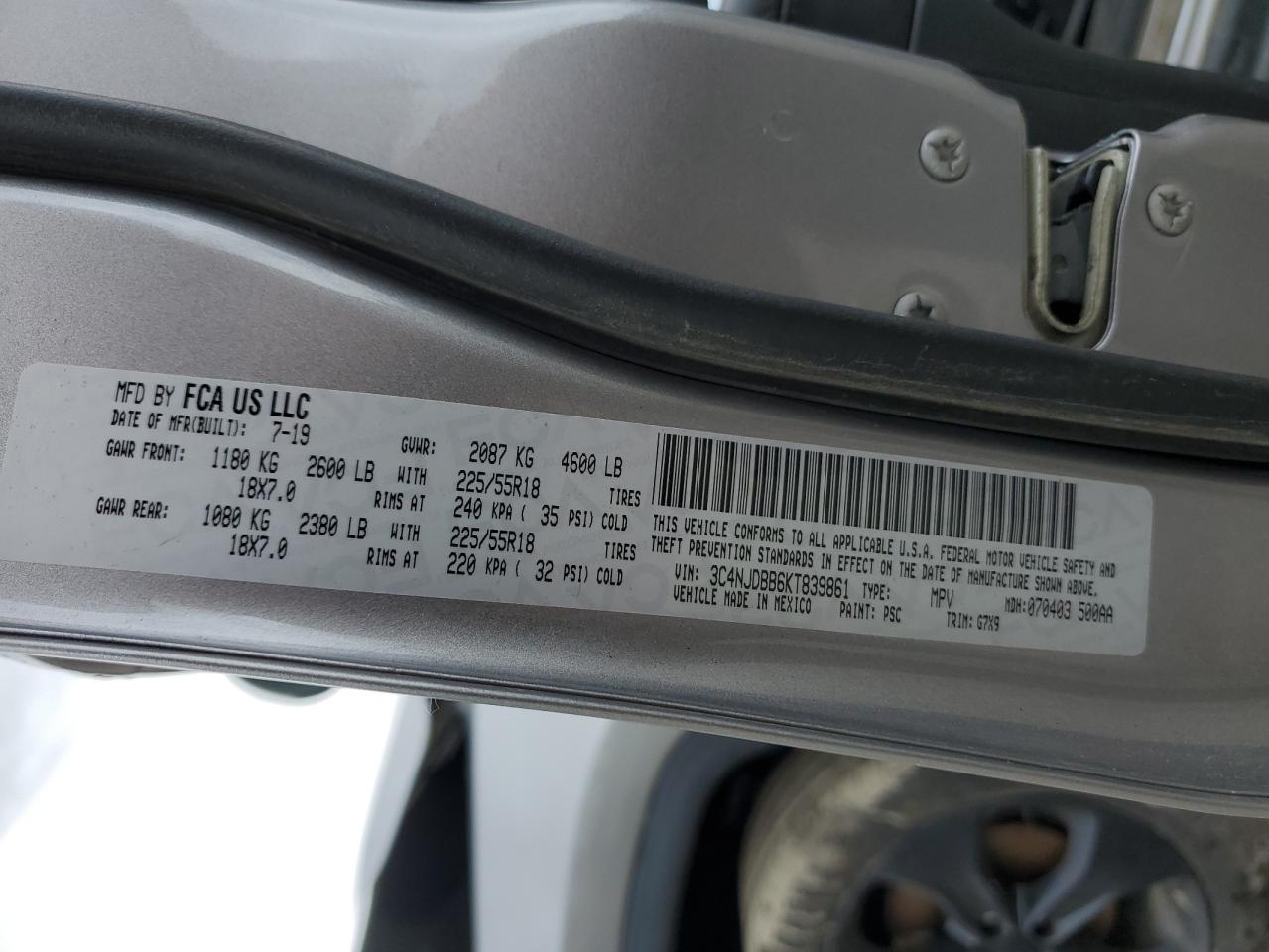 2019 Jeep Compass Latitude VIN: 3C4NJDBB6KT839861 Lot: 57426424