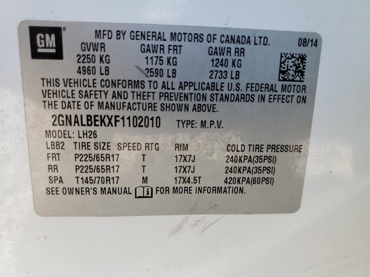 2015 Chevrolet Equinox Lt VIN: 2GNALBEKXF1102010 Lot: 58221284