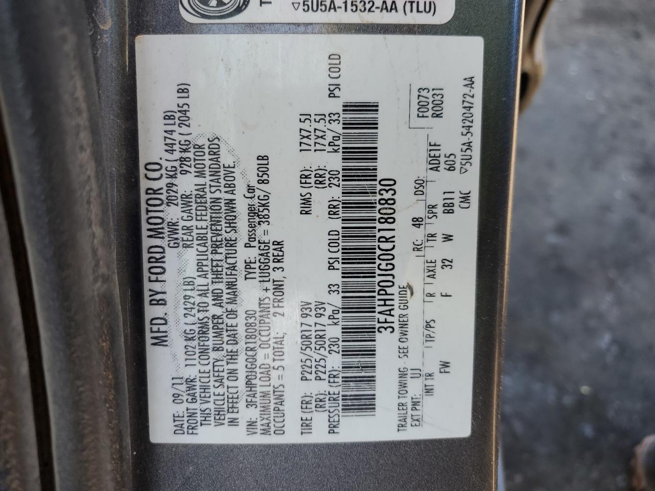 2012 Ford Fusion Sel VIN: 3FAHP0JG0CR180830 Lot: 55212504