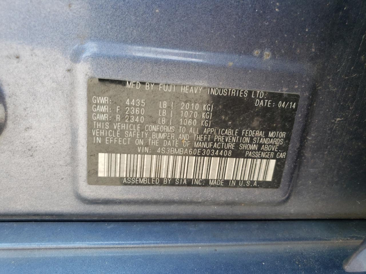 2014 Subaru Legacy 2.5I VIN: 4S3BMBA60E3034408 Lot: 59157474