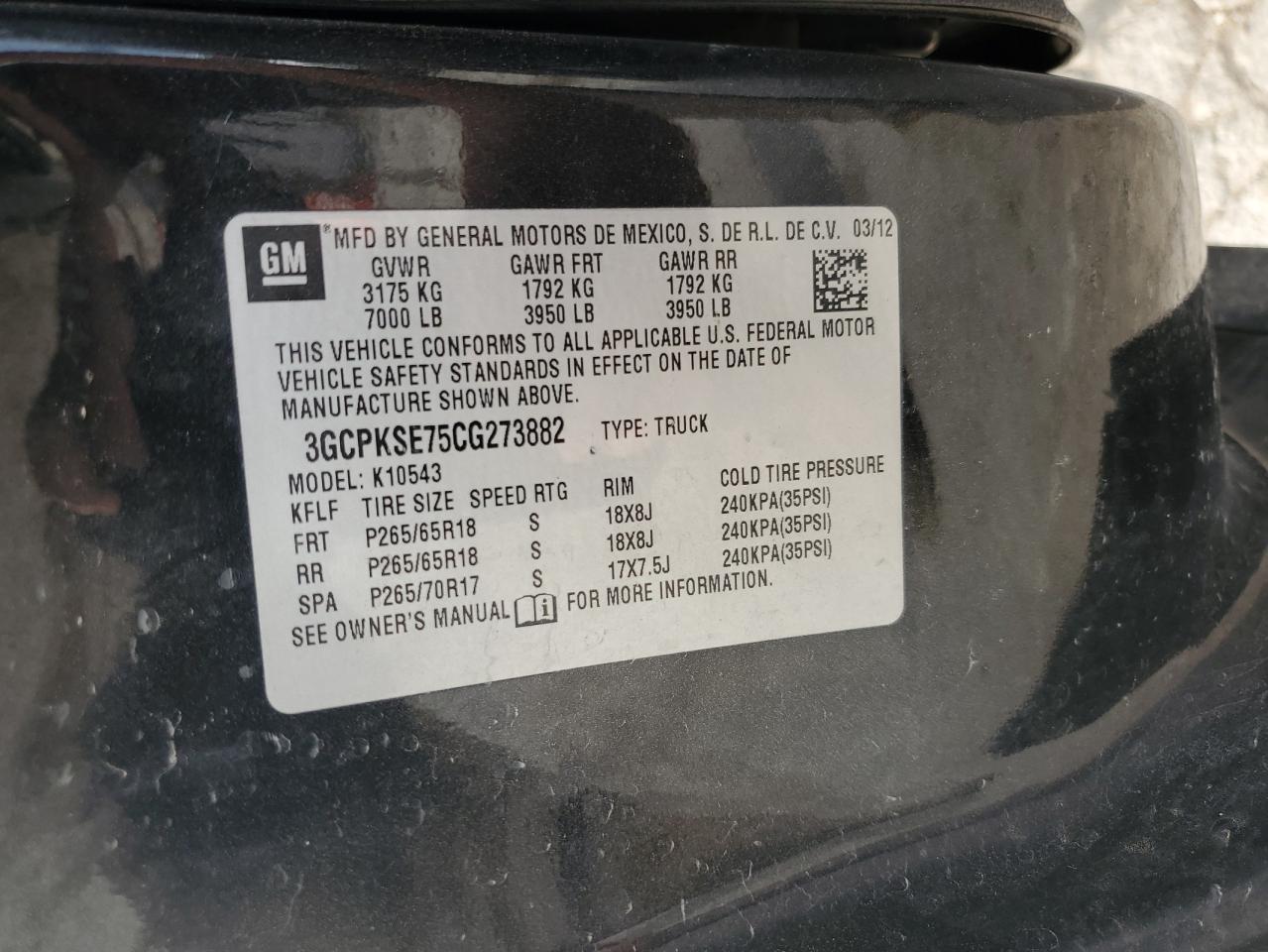 2012 Chevrolet Silverado K1500 Lt VIN: 3GCPKSE75CG273882 Lot: 58713774