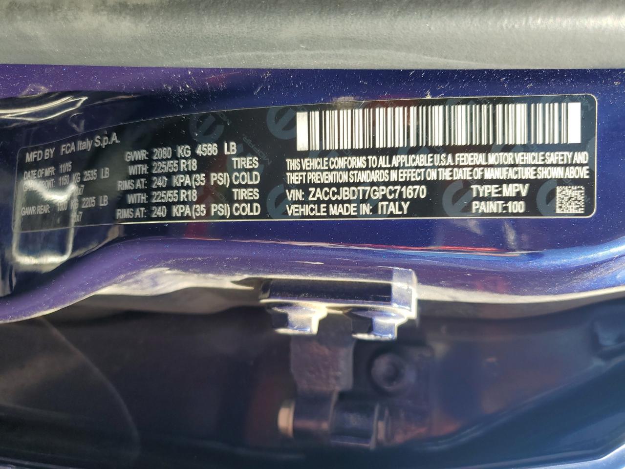 2016 Jeep Renegade Limited VIN: ZACCJBDT7GPC71670 Lot: 57411154