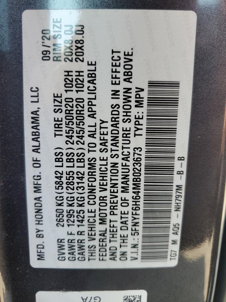 2021 Honda Pilot Touring VIN: 5FNYF6H64MB023673 Lot: 58338734