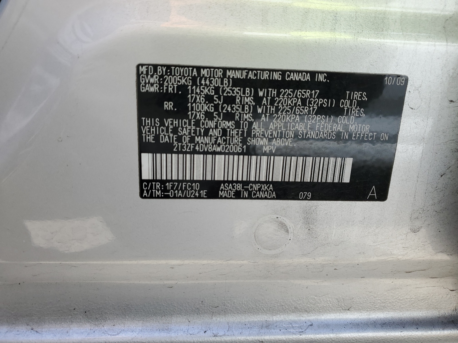 2T3ZF4DV8AW020061 2010 Toyota Rav4