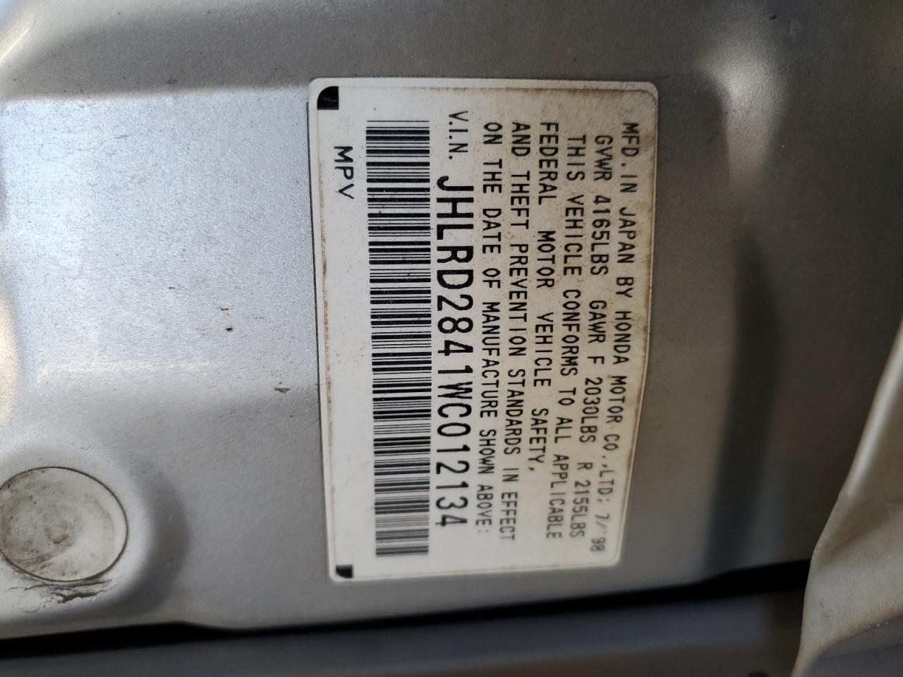 1998 Honda Cr-V Lx VIN: JHLRD2841WC012134 Lot: 60237164