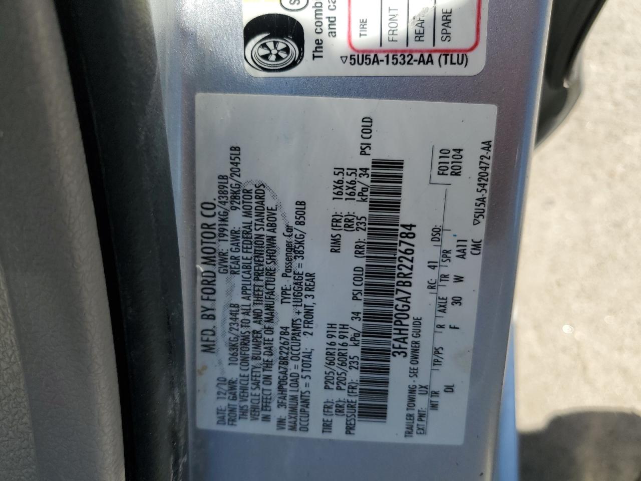 2011 Ford Fusion S VIN: 3FAHP0GA7BR226784 Lot: 58843564