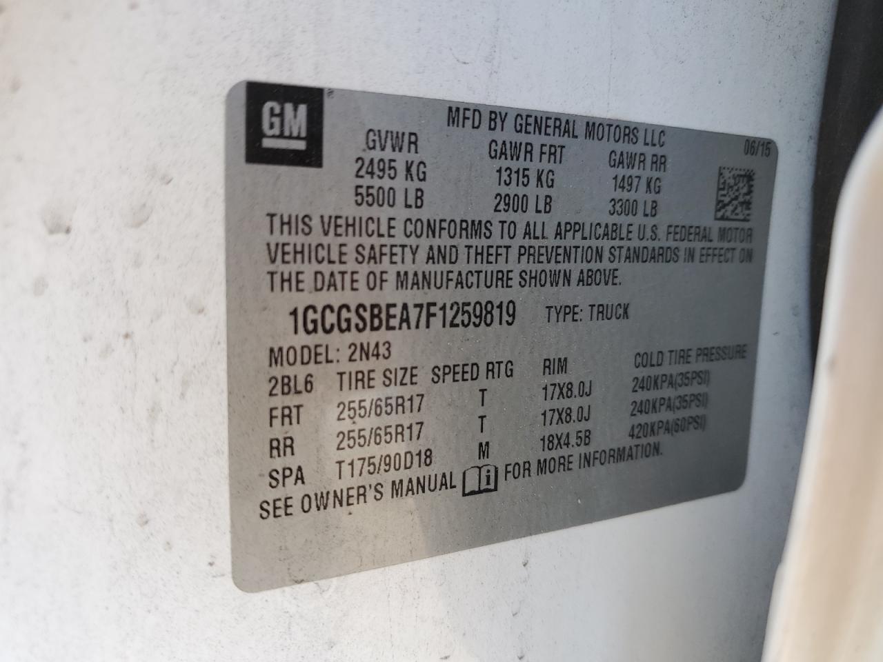 1GCGSBEA7F1259819 2015 Chevrolet Colorado Lt