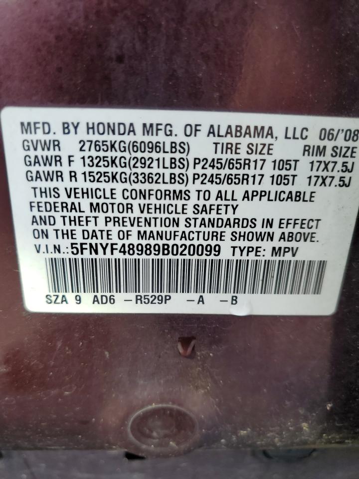 2009 Honda Pilot Touring VIN: 5FNYF48989B020099 Lot: 59445994