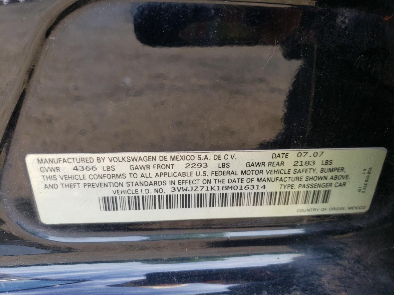 2008 Volkswagen Jetta S VIN: 3VWJZ71K18M016314 Lot: 58158404