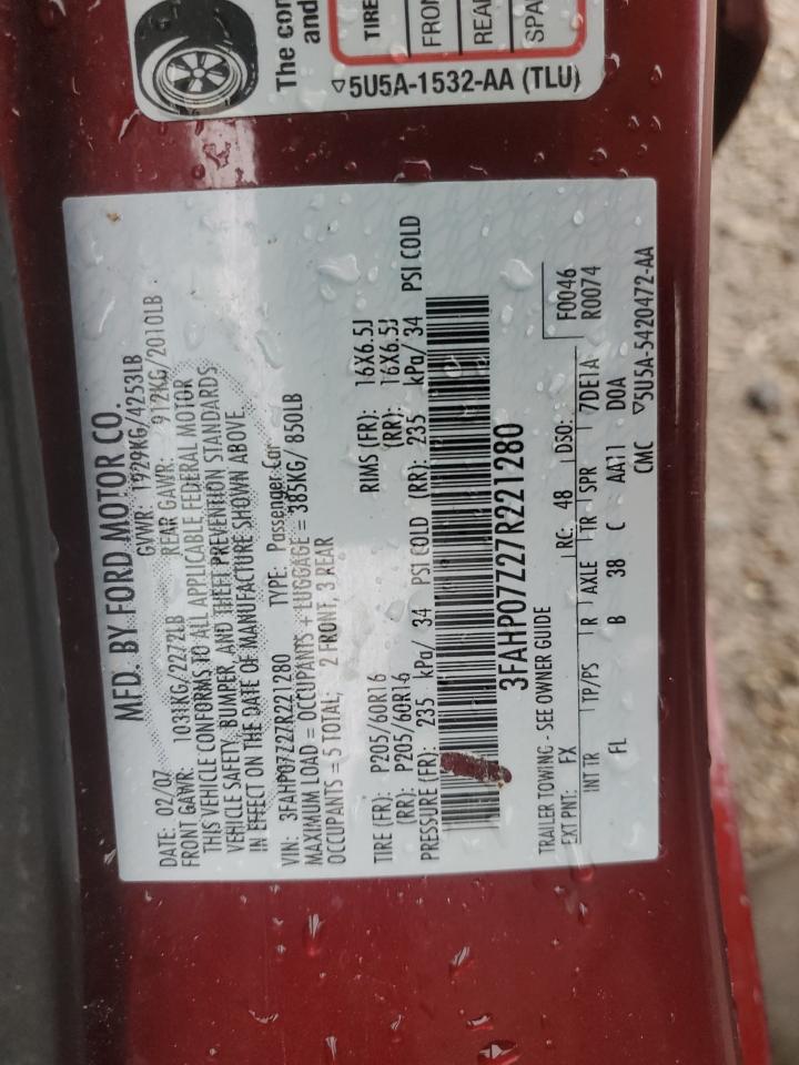 2007 Ford Fusion Se VIN: 3FAHP07Z27R221280 Lot: 59910254