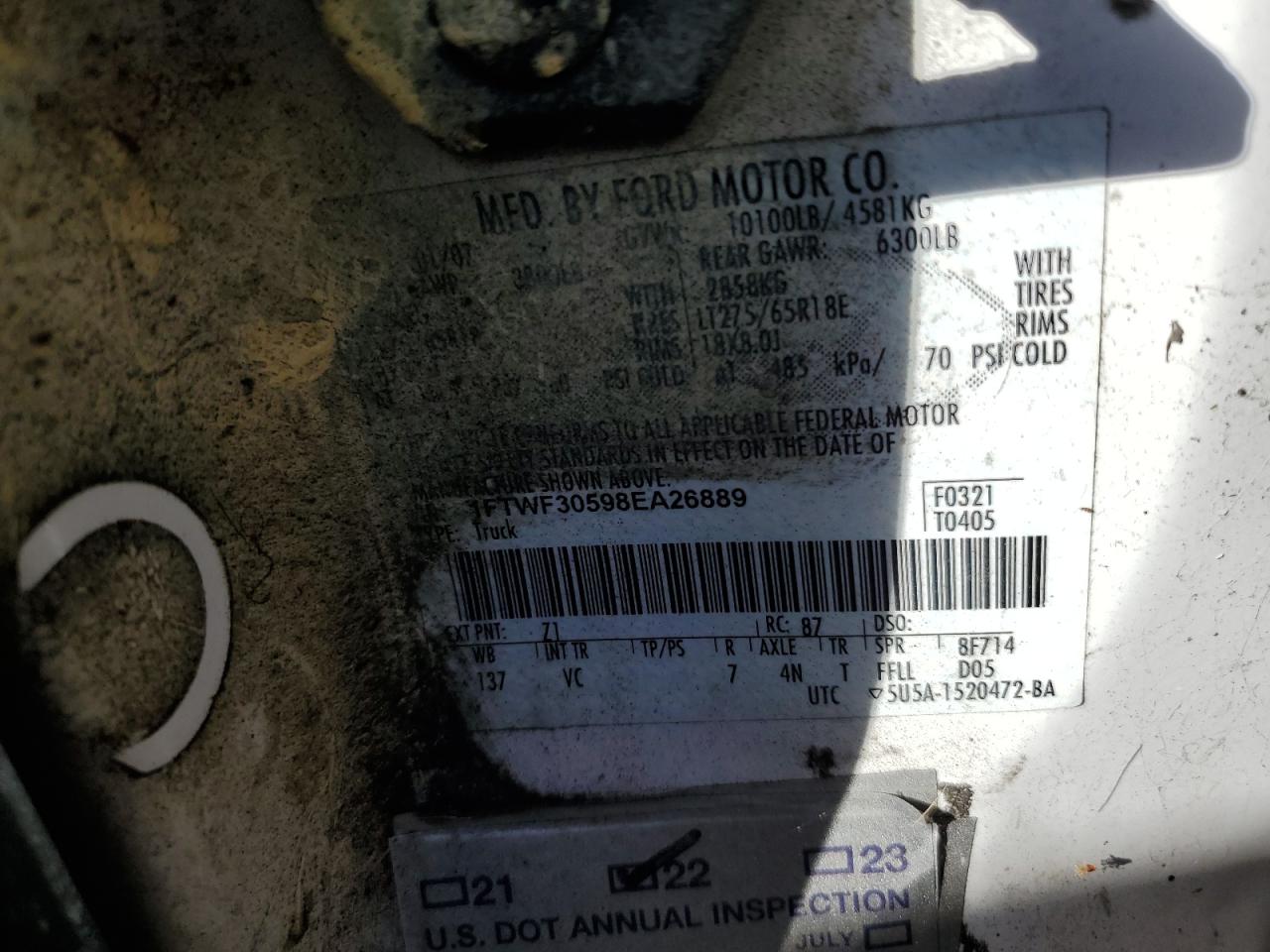 2008 Ford F350 Srw Super Duty VIN: 1FTWF30598EA26889 Lot: 53392754