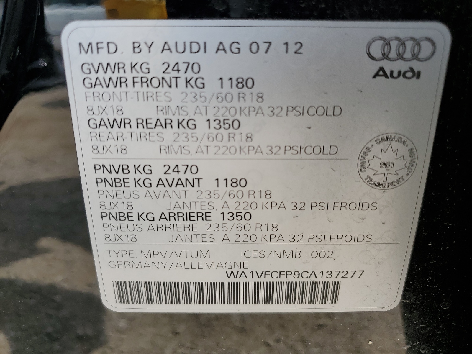 WA1VFCFP9CA137277 2012 Audi Q5 Premium Plus