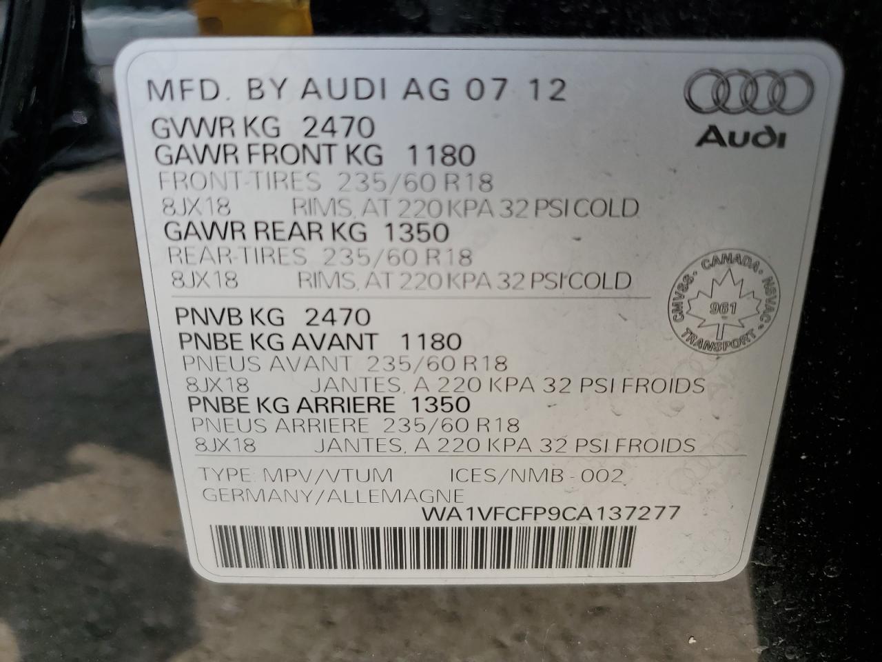 2012 Audi Q5 Premium Plus VIN: WA1VFCFP9CA137277 Lot: 57824394