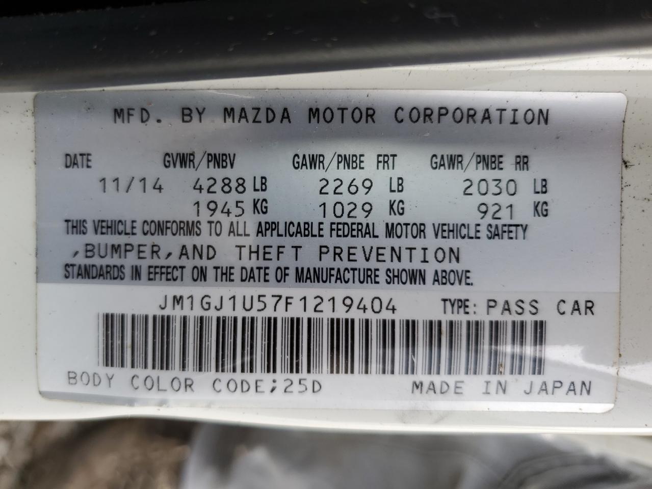 2015 Mazda 6 Sport VIN: JM1GJ1U57F1219404 Lot: 59389634