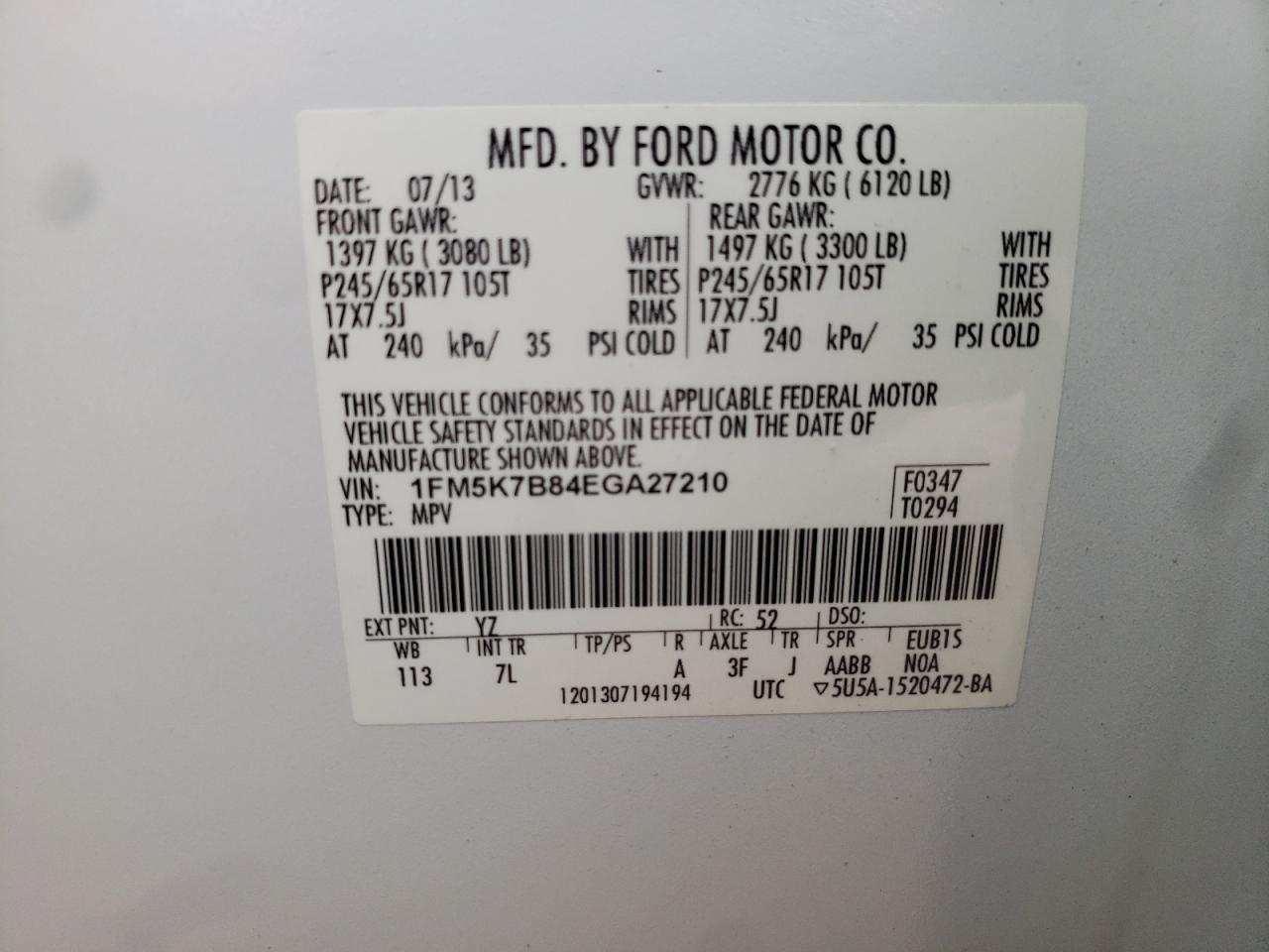 2014 Ford Explorer VIN: 1FM5K7B84EGA27210 Lot: 57281224