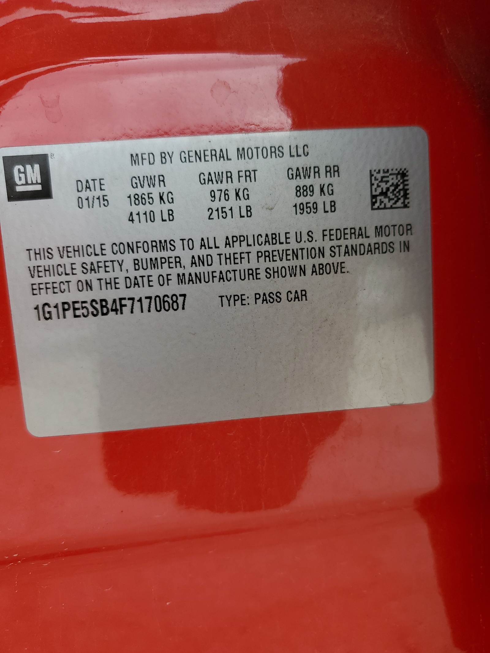 1G1PE5SB4F7170687 2015 Chevrolet Cruze Lt