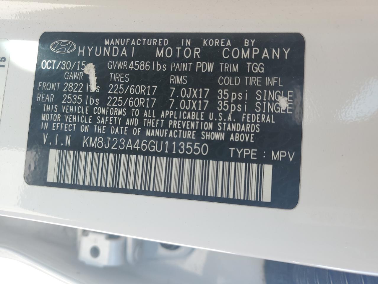 2016 Hyundai Tucson Se VIN: KM8J23A46GU113550 Lot: 60052654