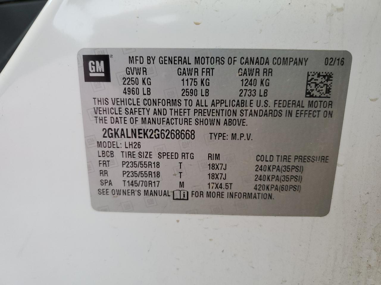 2016 GMC Terrain Sle VIN: 2GKALNEK2G6268668 Lot: 59852984