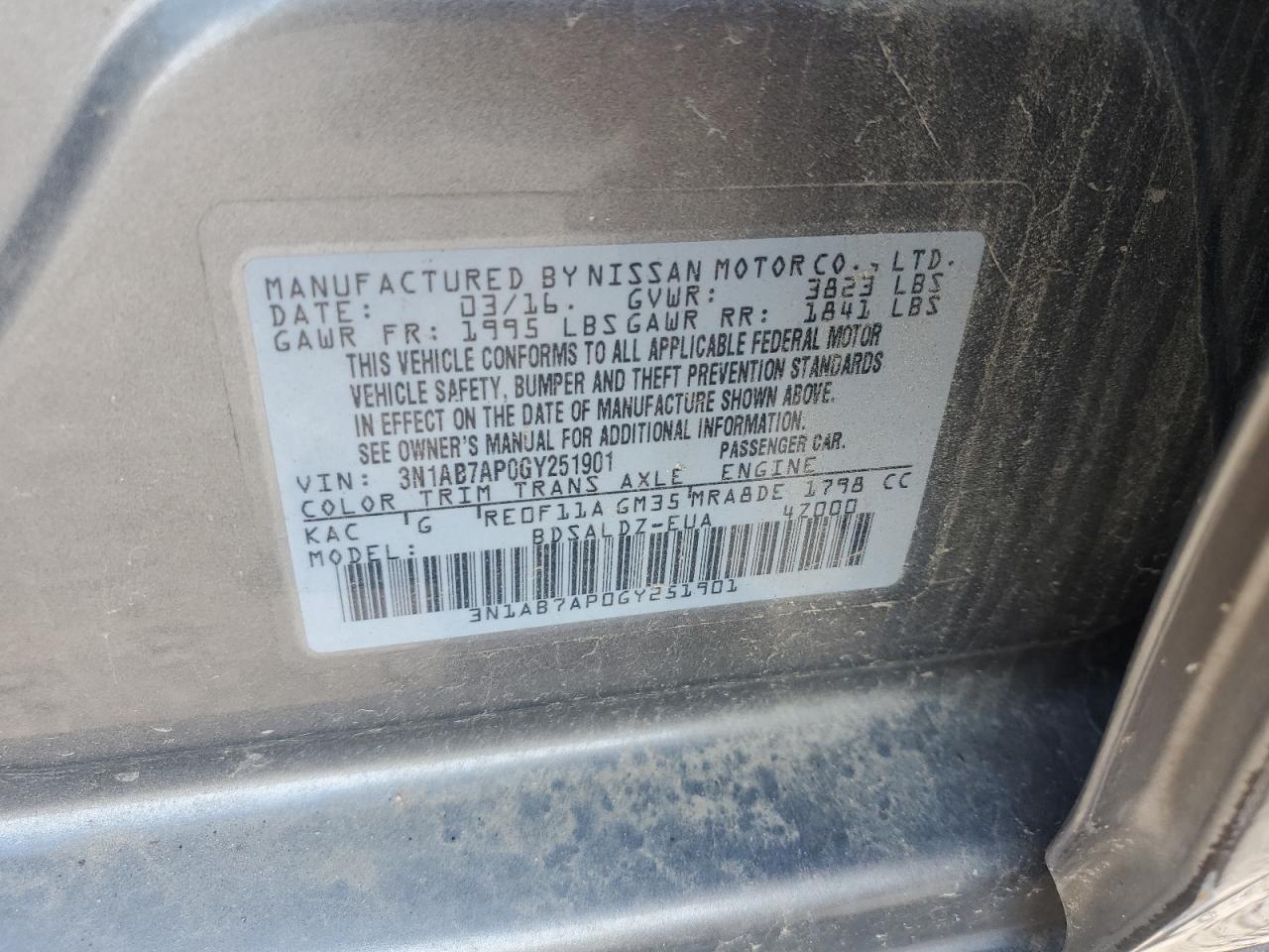 2016 Nissan Sentra S VIN: 3N1AB7AP0GY251901 Lot: 59217024