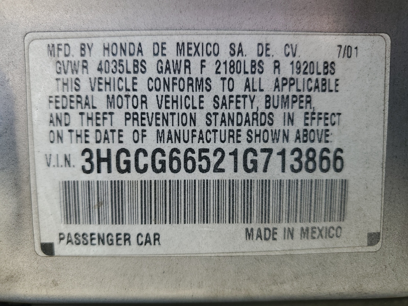 3HGCG66521G713866 2001 Honda Accord Lx