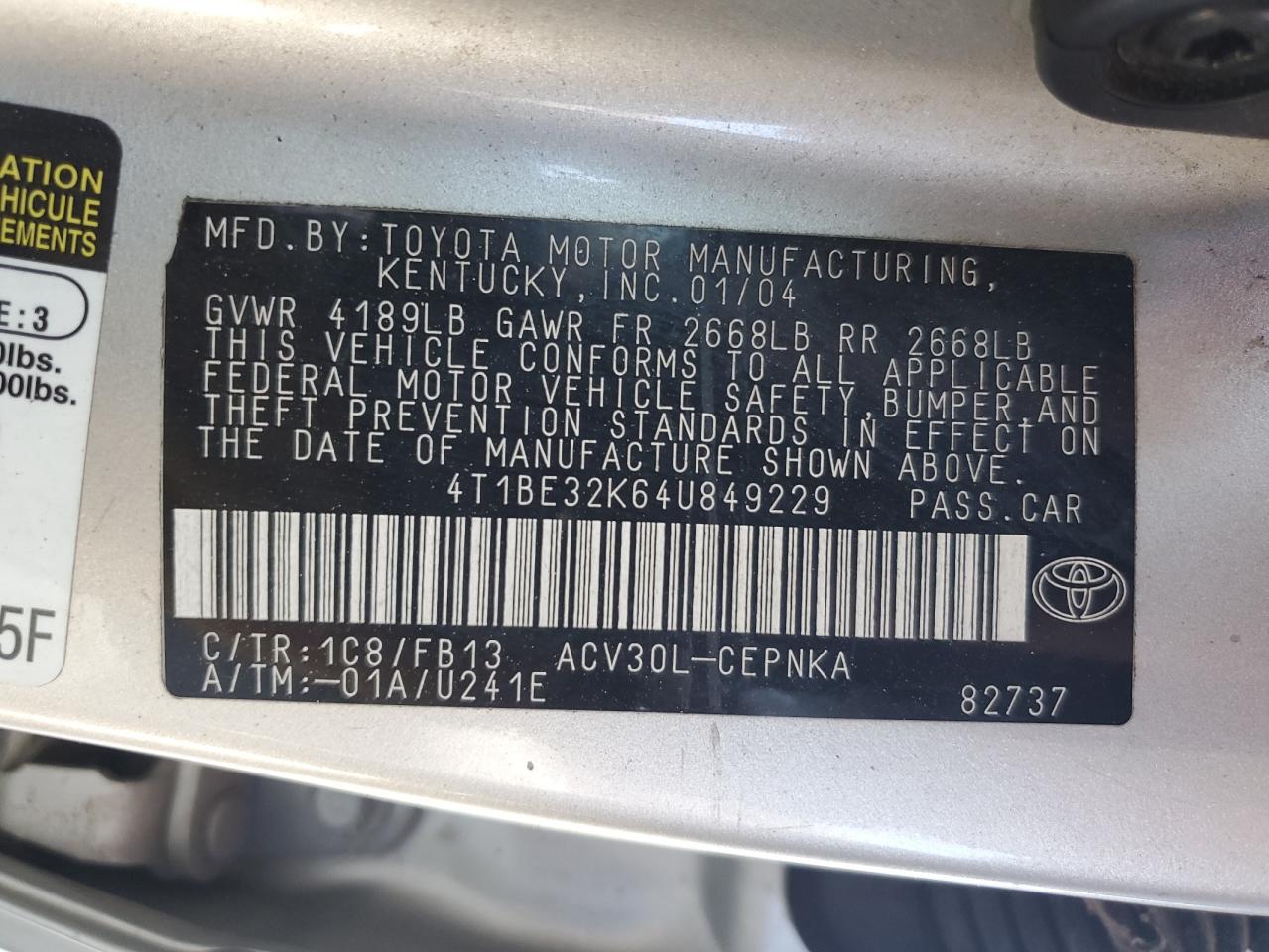 2004 Toyota Camry Le VIN: 4T1BE32K64U849229 Lot: 60411134