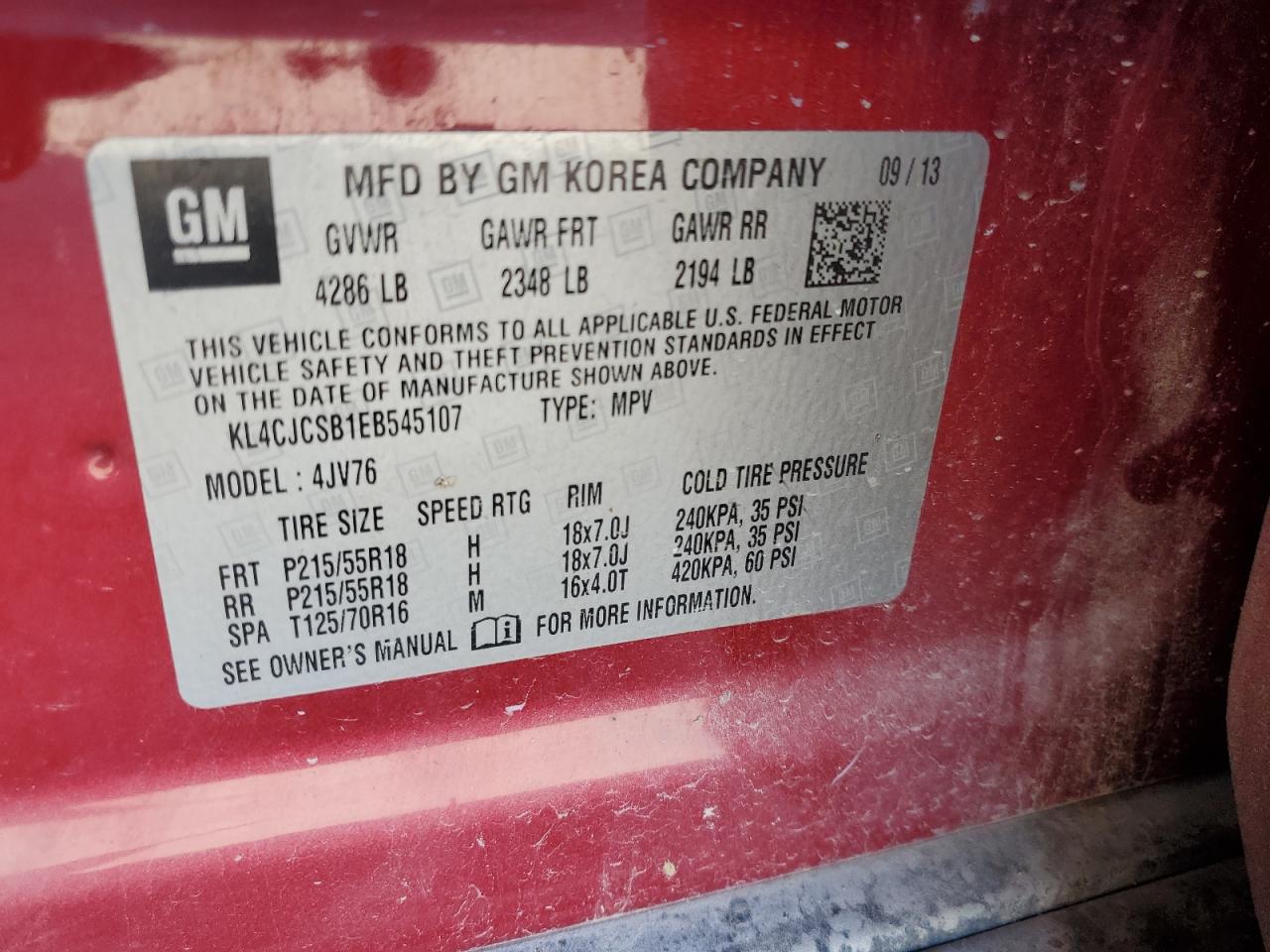 2014 Buick Encore VIN: KL4CJCSB1EB545107 Lot: 59678434