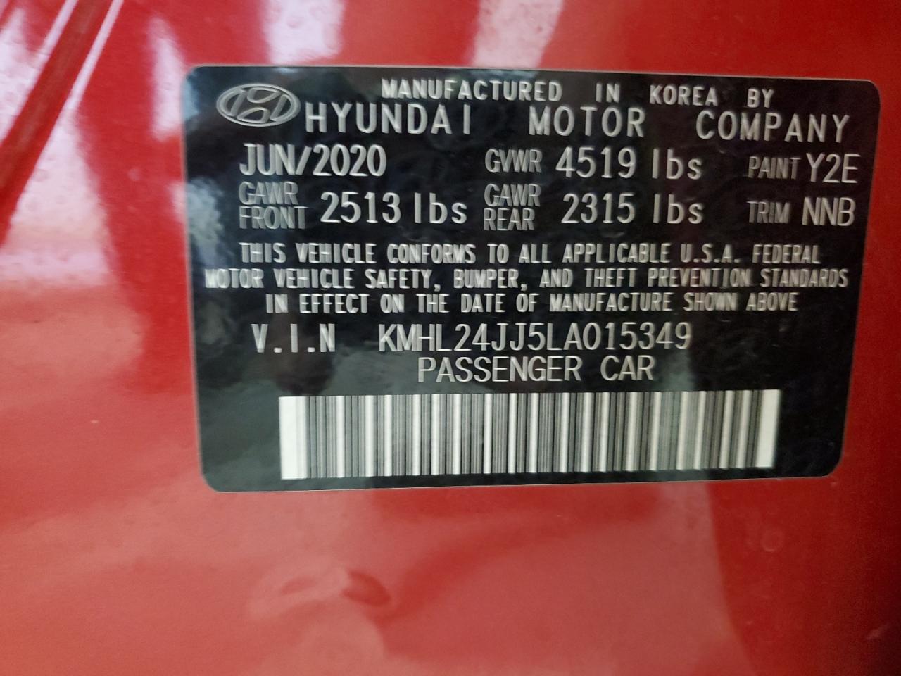 2020 Hyundai Sonata Hybrid VIN: KMHL24JJ5LA015349 Lot: 60671624