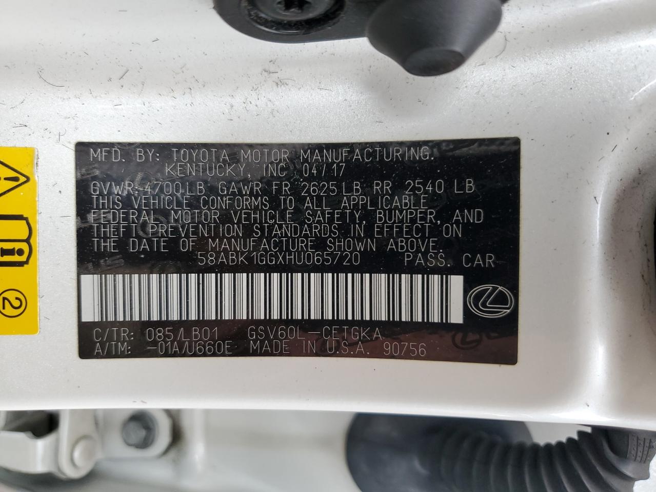 2017 Lexus Es 350 VIN: 58ABK1GGXHU065720 Lot: 57621684