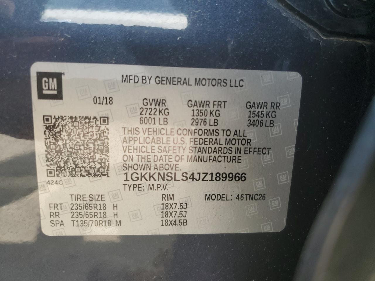 1GKKNSLS4JZ189966 2018 GMC Acadia Sle