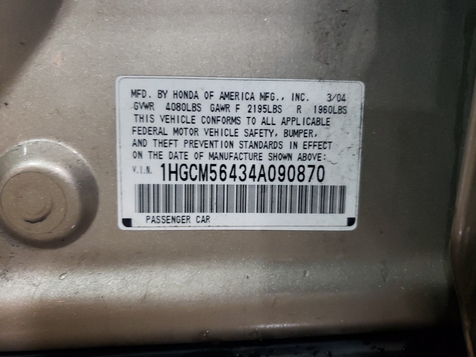 1HGCM56434A090870 2004 Honda Accord Lx