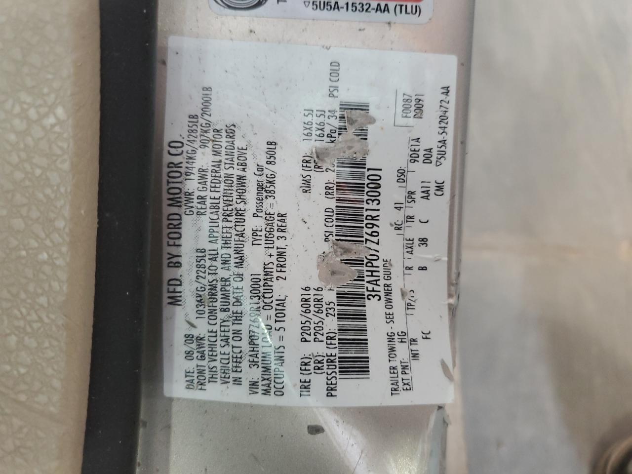 2009 Ford Fusion Se VIN: 3FAHP07Z69R130001 Lot: 59146664