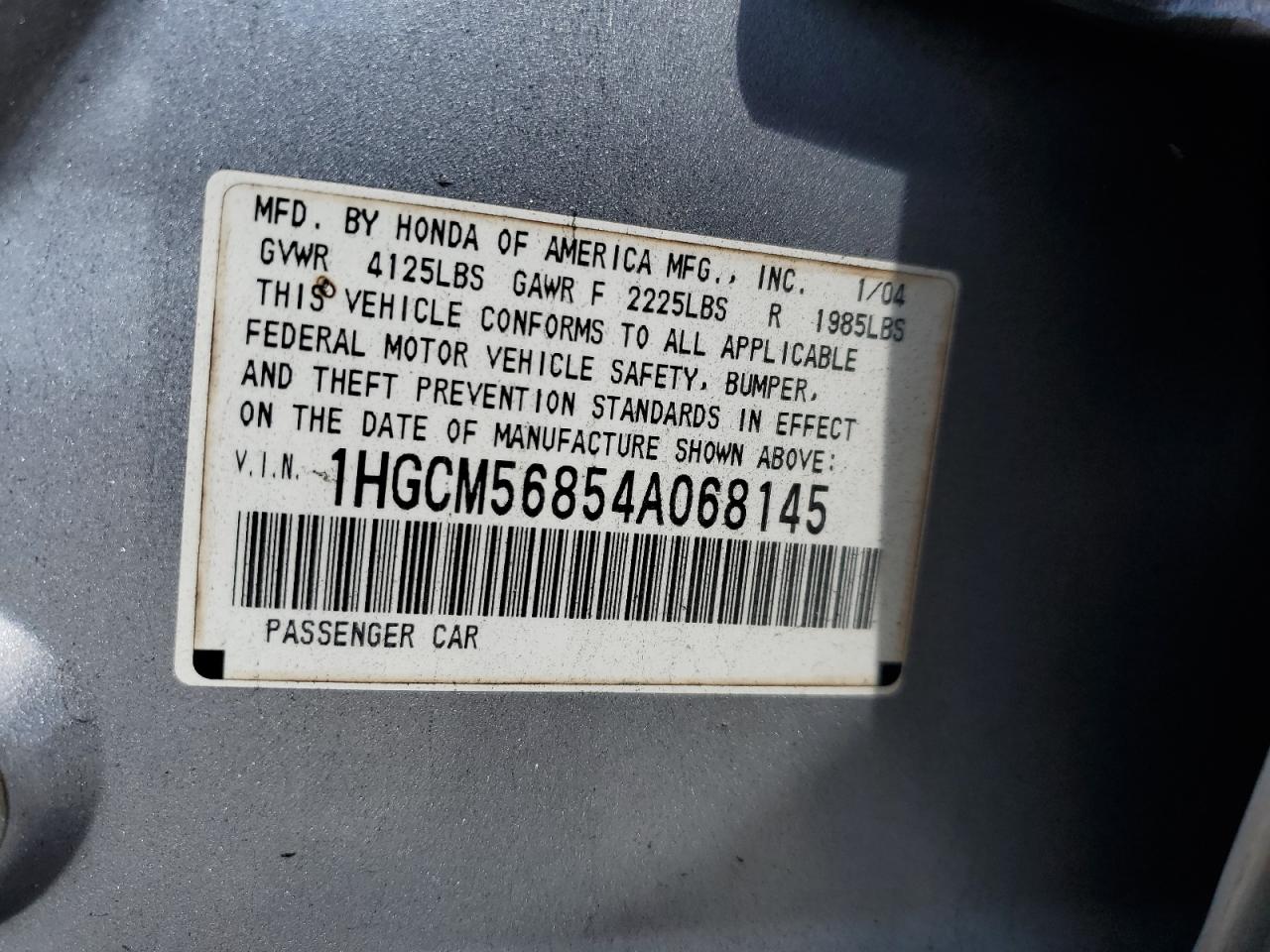 2004 Honda Accord Ex VIN: 1HGCM56854A068145 Lot: 61200864