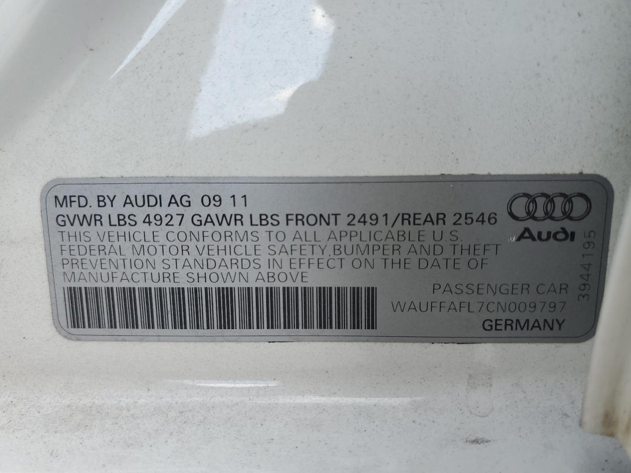 2012 Audi A4 Premium Plus VIN: WAUFFAFL7CN009797 Lot: 59347834