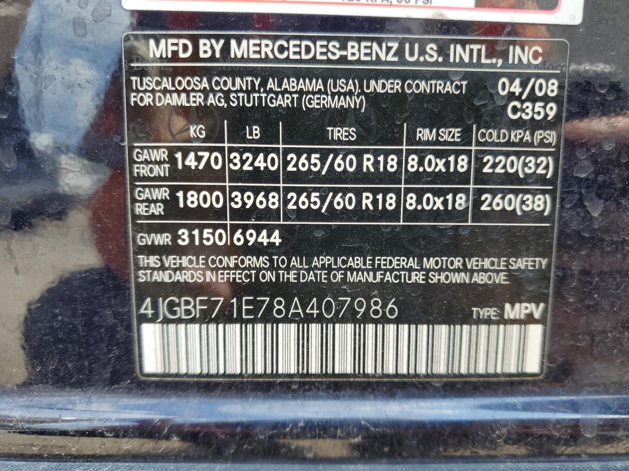 4JGBF71E78A407986 2008 Mercedes-Benz Gl 450 4Matic