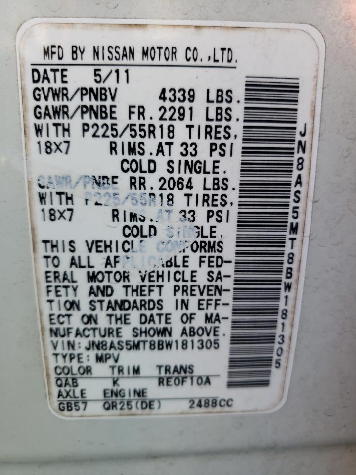 2011 Nissan Rogue S VIN: JN8AS5MT8BW181305 Lot: 57647574