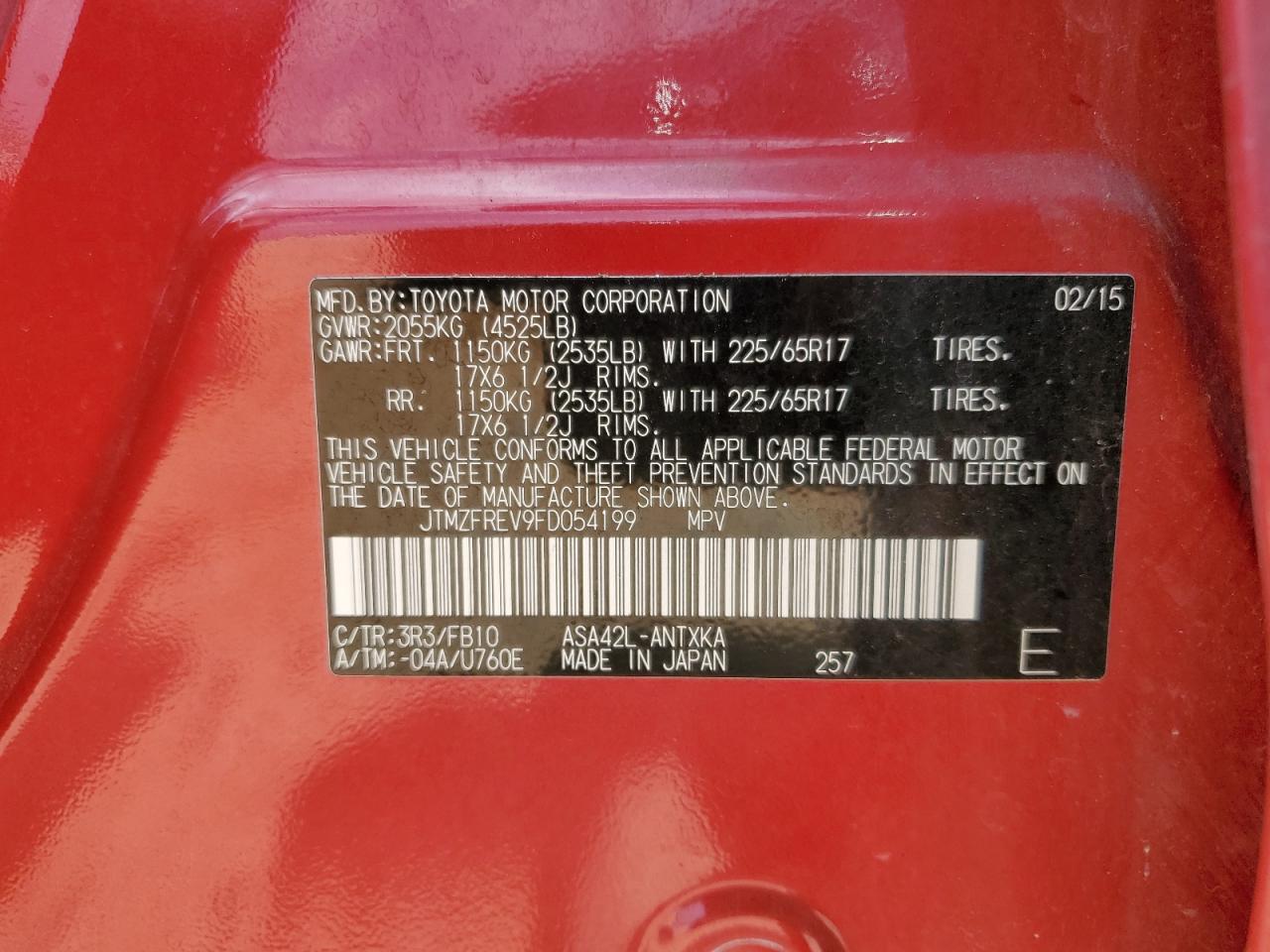 2015 Toyota Rav4 Le VIN: JTMZFREV9FD054199 Lot: 60827004