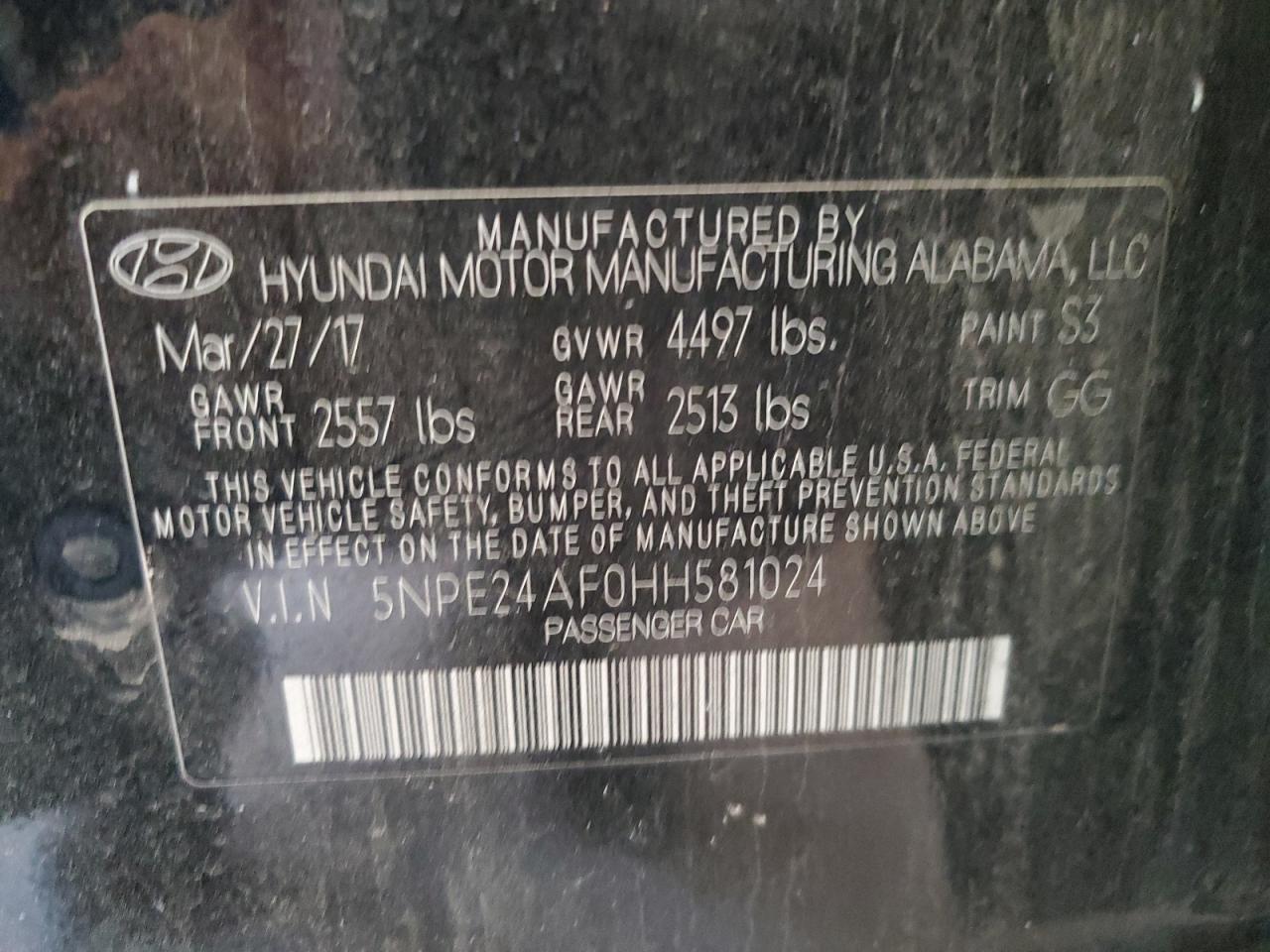 2017 Hyundai Sonata Se VIN: 5NPE24AF0HH581024 Lot: 58304924