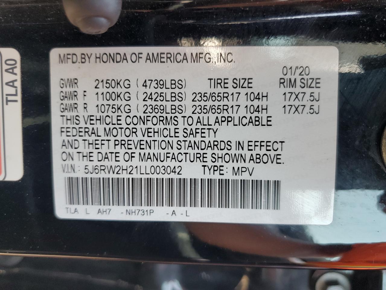 2020 Honda Cr-V Lx VIN: 5J6RW2H21LL003042 Lot: 58927064