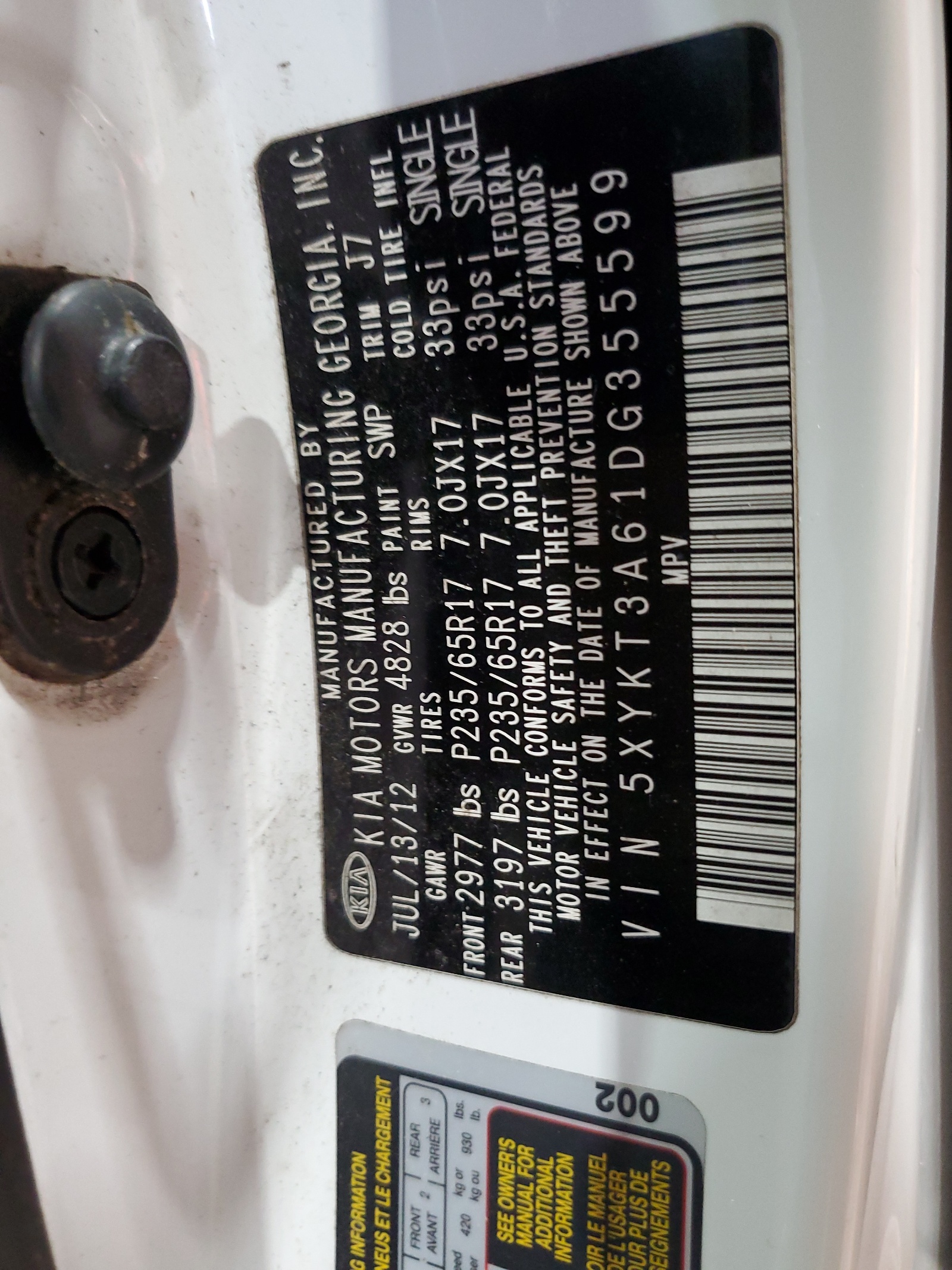 5XYKT3A61DG355599 2013 Kia Sorento Lx