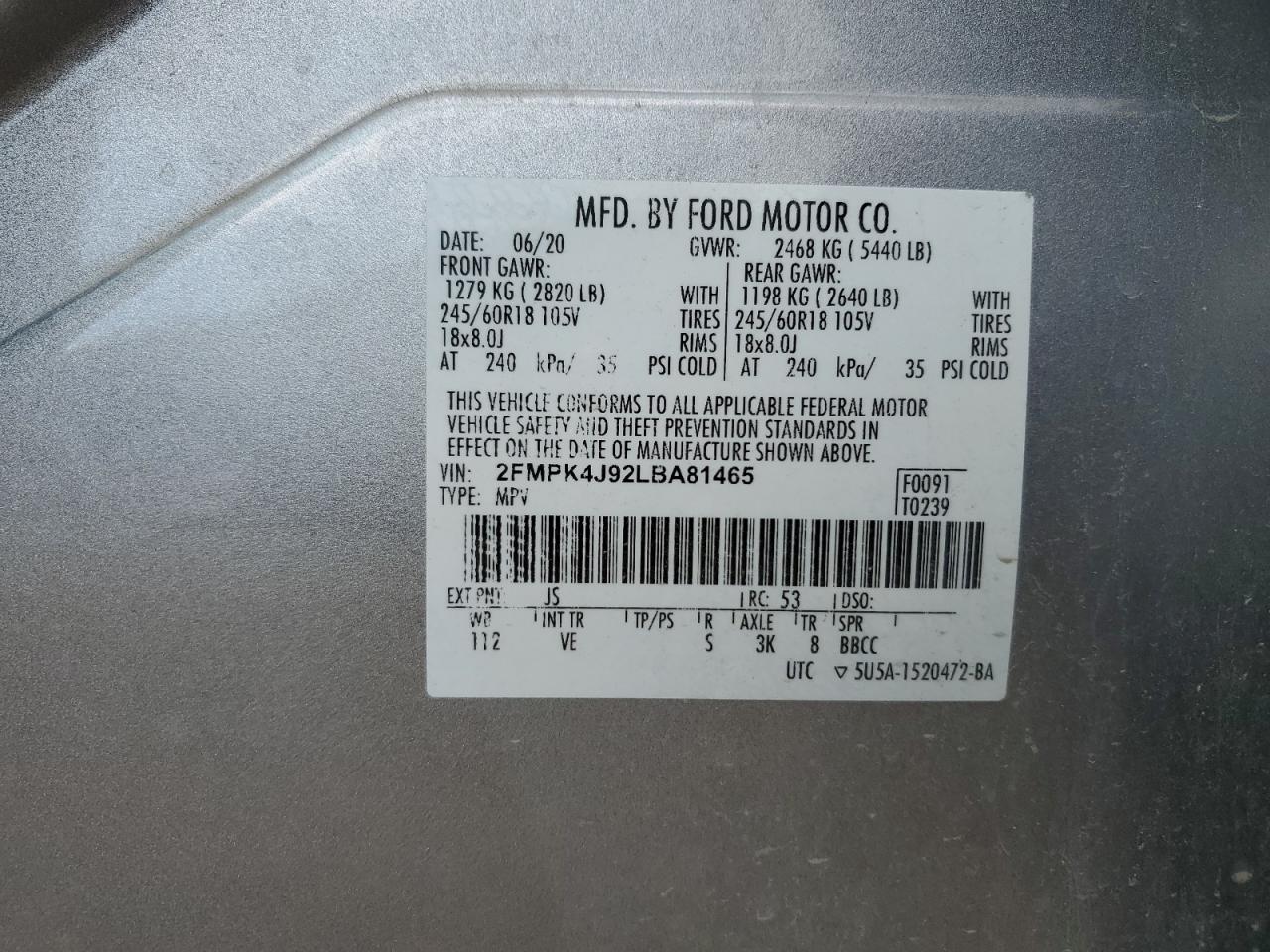 2020 Ford Edge Sel VIN: 2FMPK4J92LBA81465 Lot: 56686834